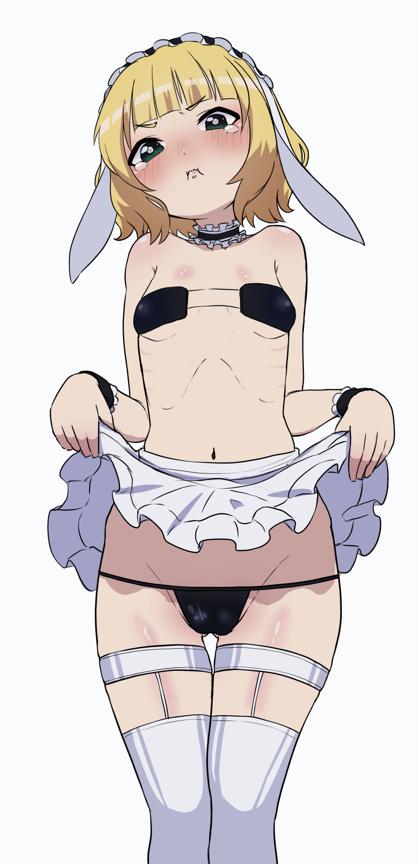 1girls angry angry_face belly belly_button bikini black_bikini black_panties blonde_hair blush blush_lines bunny_ears embarrassed female female_focus female_only gochuumon_wa_usagi_desu_ka? green_eyes heart-shaped_pupils kirima_sharo legwear looking_at_viewer maid_headdress r-man revealing_clothes ribs short_hair simple_background skirt skirt_lift skirt_up small_breasts solo solo_female solo_focus tearing_up thick_thighs thighs white_background white_legwear