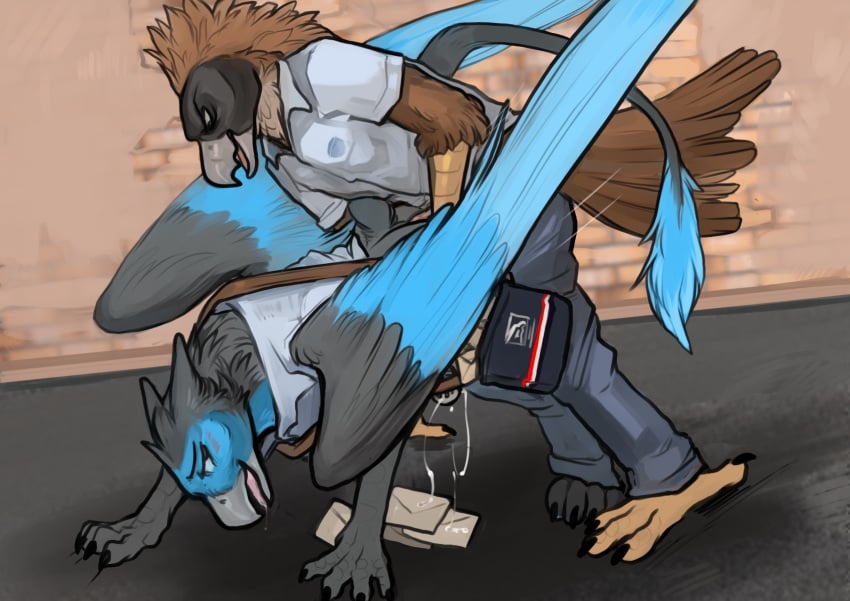 accipitrid accipitriform anal anal_sex anthro anthro_on_feral anthro_penetrating anthro_penetrating_feral avian beak bird blue_body blue_bottomwear blue_clothing blue_feathers blue_fur blue_pants blue_shirt blue_topwear blush blush_lines bodily_fluids bottomwear brick_wall brown_body brown_feathers chastity_cage chastity_device claws clothing cum cum_on_mail cum_string cum_while_chaste cum_while_penetrated delivery_(commerce) delivery_employee drooling duo eagle ejaculation envelope eye_contact eyebrows feathered_wings feathers feral feral_penetrated fur gay genital_fluids grey_body grey_feathers grey_fur gryphon hi_res letter letters looking_at_another mail mailbag male male/male male_penetrated male_penetrating male_penetrating_male metal_chastity_cage motion_lines mythological_avian mythology open_mouth outside pants paws penetration penile penile_penetration penis_in_ass philippine_eagle pirate_eagle postal_carrier postal_delivery saliva saliva_on_tongue satchel scratches sex shirt tongue topwear torakuta uniform united_states_postal_service unprofessional_behavior wall_(structure) wings yaoi yellow_body zephyr_(bateleurs) zoophilia