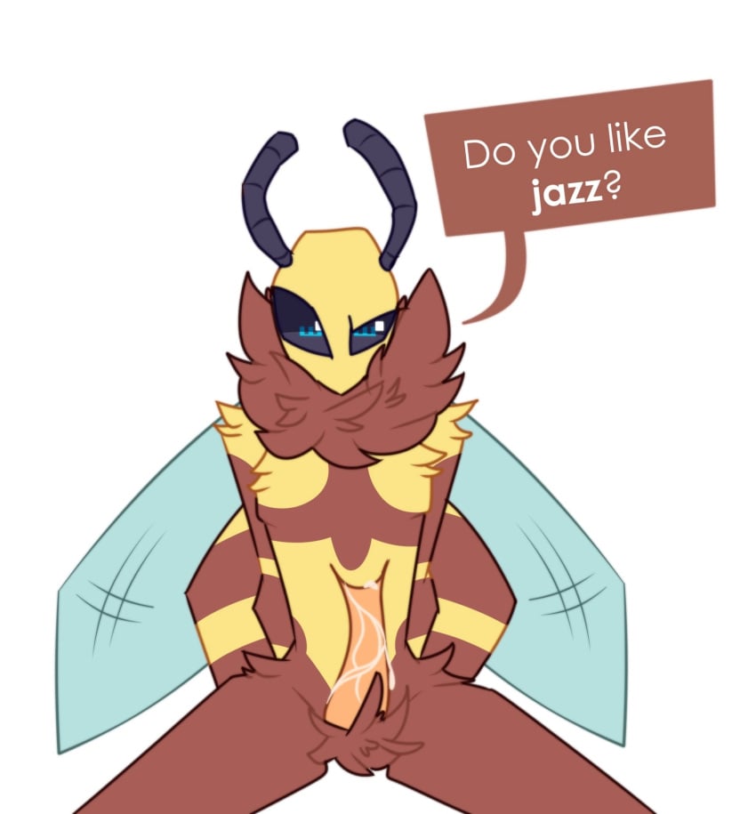 1boy 2022 anthro bald bee blue_eyes brown_fur corgus enthusiastic fur hymenopteran insect insect_wings knot looking_at_viewer male male_only precum precum_drip question solo thin yellow_fur yellow_knot