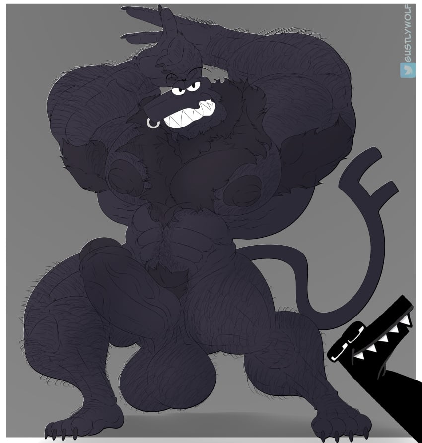 absurd_res alphabet alphabet_(mike_salcedo) anthro anthrofied balls big_balls big_penis black_body erection f_(mike_salcedo) fangs gay genitals hi_res humanoid_genitalia humanoid_penis hyper incrediblecrocodile looking_at_viewer male muscular muscular_anthro muscular_male pecs penis scalie sharp_teeth simple_background solo teeth text_porn