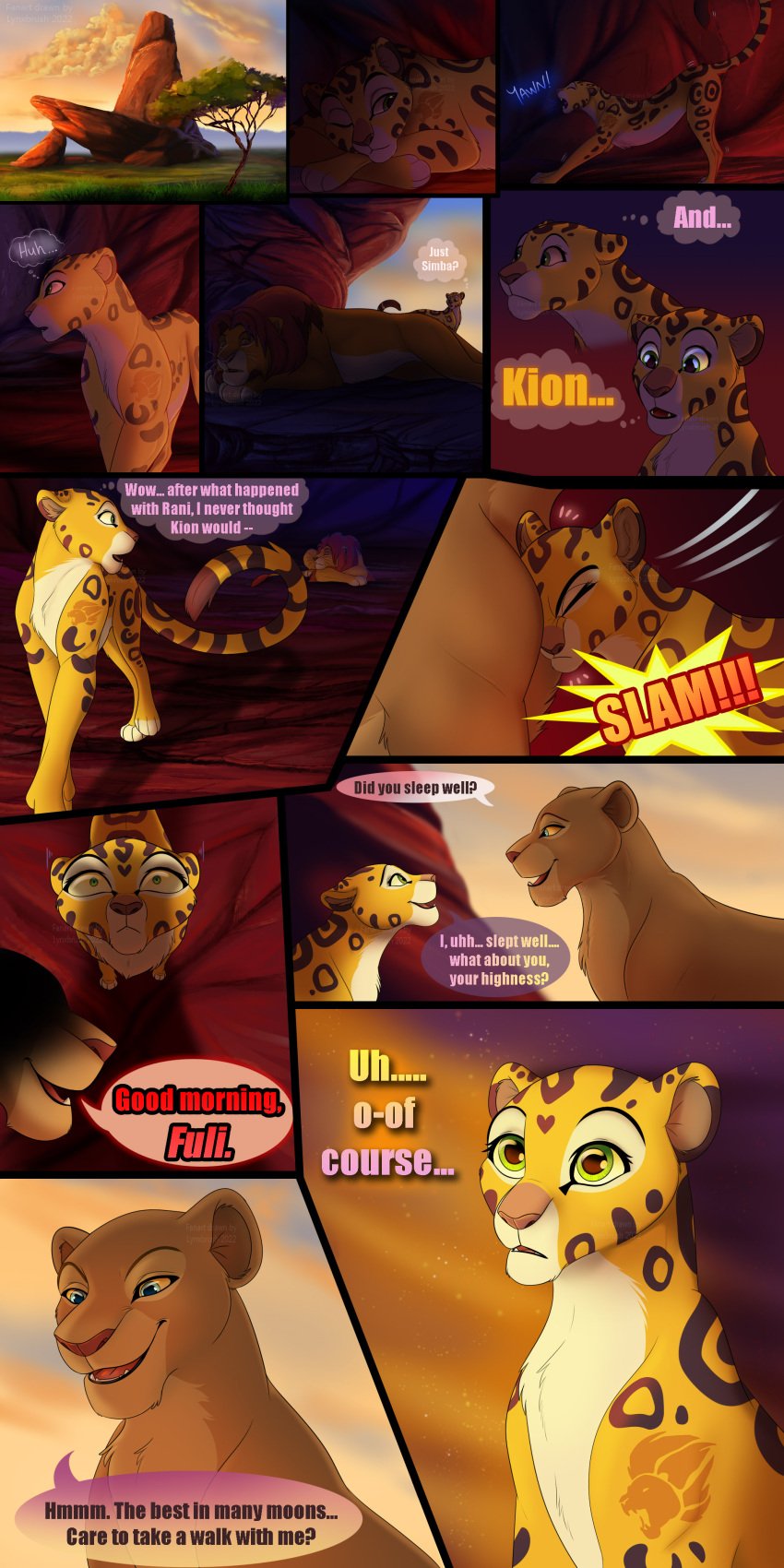 background blue_eyes cheetah comic dialogue disney felid feline female fuli fur green_eyes kion lion lynxbrush male nala pride_rock sfw simba text text_bubble the_lion_guard the_lion_king thought_bubble tree