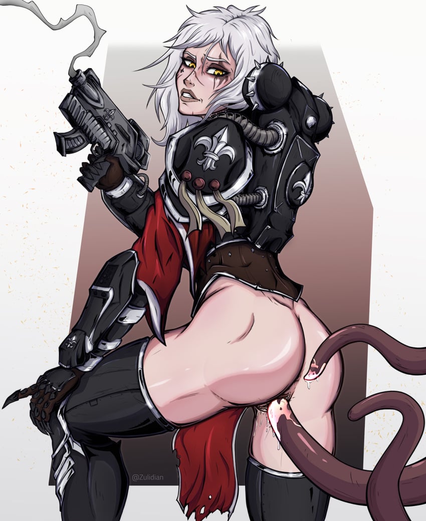 1girls adepta_sororitas anus armor bare_ass female female_focus female_only fleur-de-lis fleur-de-lis_(symbol) imminent_anal imperium_of_man looking_at_viewer looking_back power_armor purity_seal pussy sister_of_battle solo solo_female tagme tentacle tentacle_sex thighhighs vagina vaginal_penetration warhammer_(franchise) warhammer_40k white_hair yellow_eyes zulidian