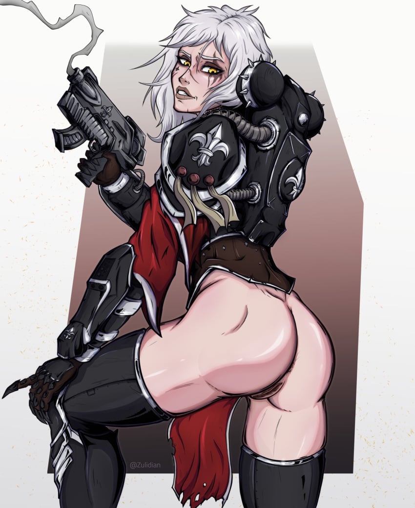 1girls adepta_sororitas anus armor bare_ass blonde_female female female_focus female_only fleur-de-lis fleur-de-lis_(symbol) imperium_of_man looking_at_viewer looking_back power_armor purity_seal pussy sister_of_battle solo solo_female tagme thighhighs vagina warhammer_(franchise) warhammer_40k white_hair yellow_eyes zulidian