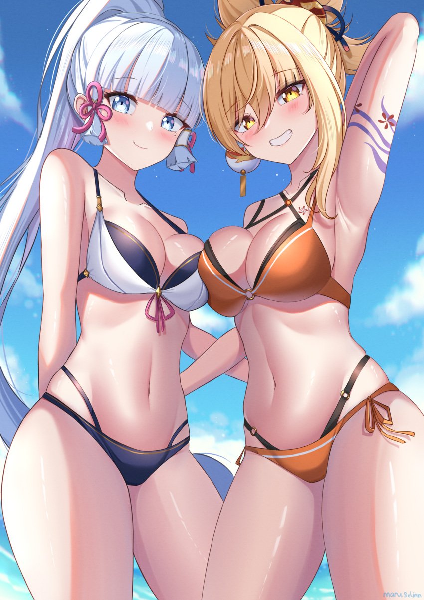 2girls arm_up armpits beach belly_button bikini blonde_female blonde_hair blue_eyes blush breast_press breasts cleavage female female_only genshin_impact hi_res kamisato_ayaka looking_at_viewer maru.selinn navel ponytail smile swimwear take_your_pick thick_thighs white_hair yellow_eyes yoimiya_(genshin_impact)