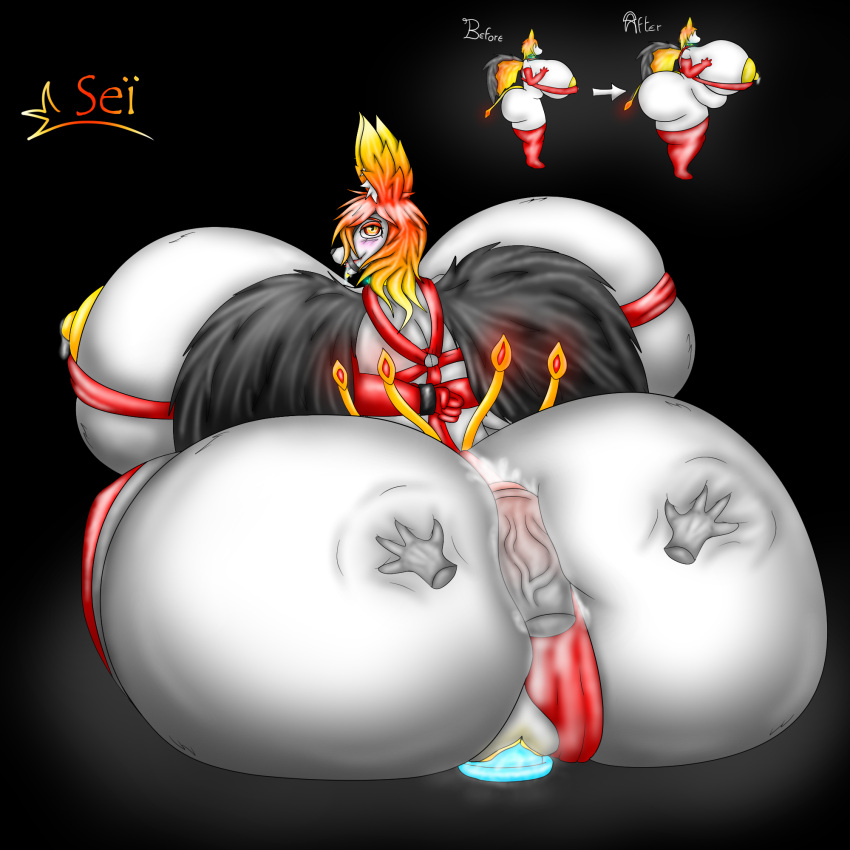 anthro ass avian ball_gag before_and_after big_breasts big_butt big_penis blush bodily_fluids bondage bound breasts canid canine clothed clothing cum cum_on_butt cum_on_clothing dildo dildo_in_pussy dildo_insertion drooling elysios european_mythology female fox gag genital_fluids genitals gloves greek_mythology growth hand_on_butt handwear hi_res hot_dogging huge_breasts huge_butt humanoid_genitalia humanoid_penis hybrid hyper hyper_breasts hyper_butt jewelry latex_gloves latex_stockings looking_pleasured mammal milk mythological_avian mythological_firebird mythology overweight penetration penis phoenix pussy pussy_juice saliva sei_(elysios) sex_toy sex_toy_in_pussy sex_toy_insertion skimpy spread_butt spreading vaginal_penetration vein veiny_penis wings