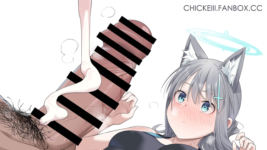 1boy animal_ear_fluff animal_ears bangs bar_censor black_swimsuit blue_archive blush breasts censored chicke_iii cross_hair_ornament erection extra_ears female full-face_blush grey_hair hair_between_eyes hair_ornament halo looking_at_penis lotion lying male_pubic_hair medium_breasts nose_blush on_back parted_lips penis penis_awe pov pubic_hair sensei_(blue_archive) shiroko_(blue_archive) shiroko_(swimsuit)_(blue_archive) simple_background solo_focus swimsuit white_background