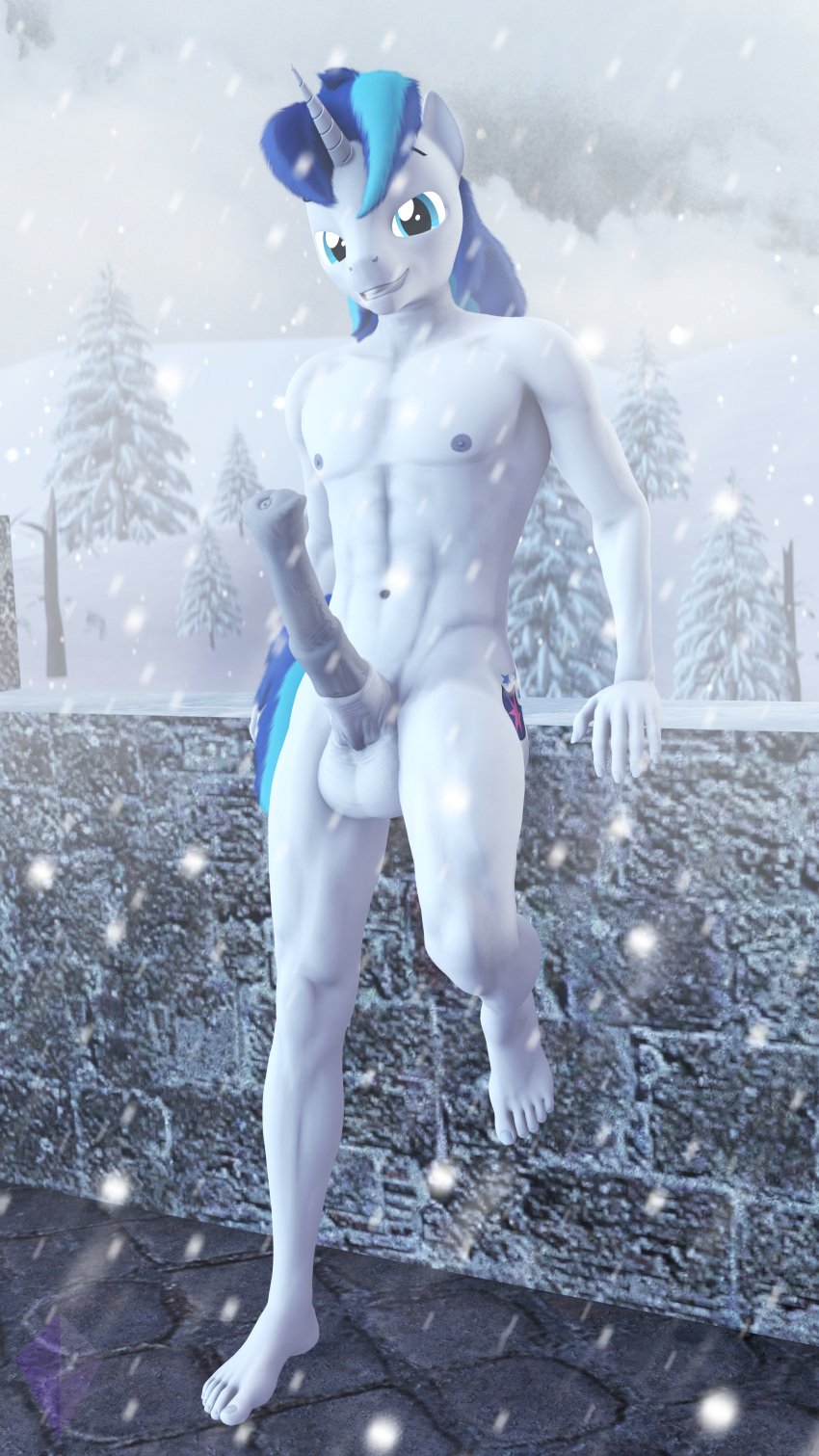 absurd_res animal_genitalia animal_penis balls blue_eyes blue_hair equid equine equine_penis erection feet friendship_is_magic genitals hair hi_res horn humanoid_feet looking_at_viewer mammal my_little_pony nude penis shining_armor_(mlp) snow snowing unicorn unie