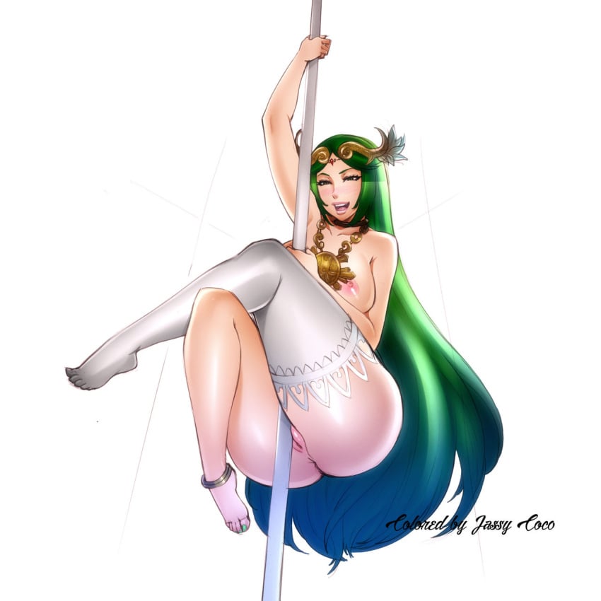 anklet barefoot breasts full_color goddess gold_(metal) gold_jewelry green_eyes green_hair green_toenails headwear jassycoco kid_icarus kid_icarus_uprising legoman legwear light-skinned_female light_skin long_hair milf necklace nintendo nipples nudity open_mouth palutena pole pole_dancing signature stockings super_smash_bros. text uncensored vagina white_background white_legwear white_stockings