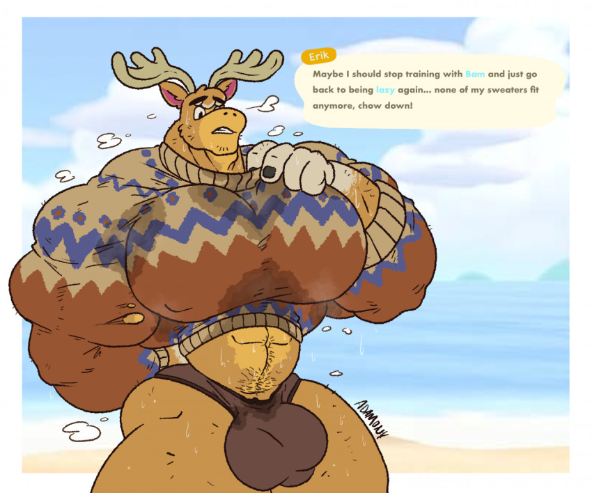 2022 abs adamony animal_crossing anthro antlers beach biceps big_bulge big_muscles big_pecs bodily_fluids border briefs brown_body brown_fur bulge capreoline cervid clothing cloud day digital_media_(artwork) english_text erik_(animal_crossing) fur furry furry_only horn huge_bulge huge_muscles huge_pecs male male_only mammal moose muscular muscular_anthro muscular_male nintendo outside pecs quads sea seaside sky solo speech_bubble sweat sweater teeth text thick_thighs topwear underwear video_games water white_border