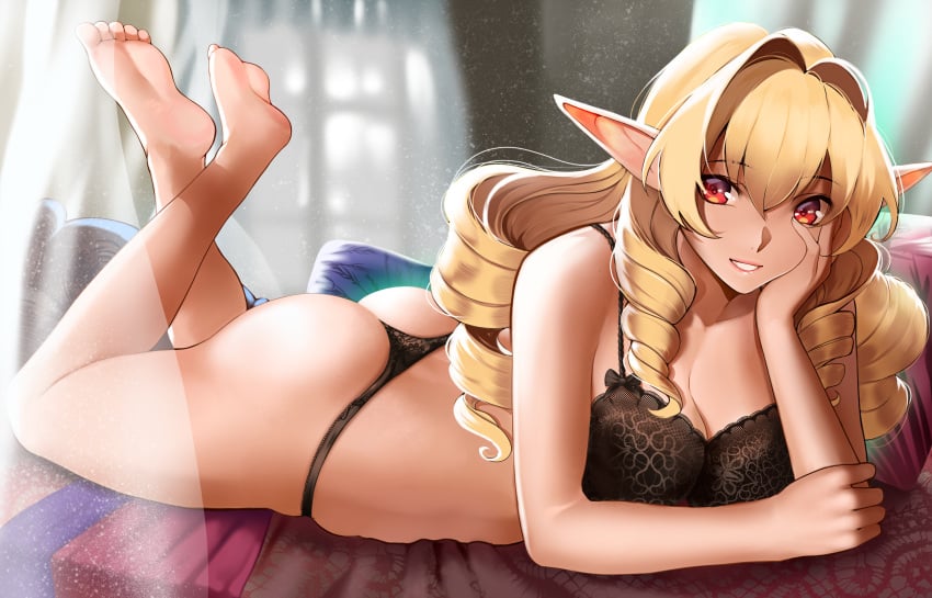 1girls big_breasts blonde_female blonde_hair breasts cock_hungry elf elinalise_dragonroad female horny inviting_to_sex kirani licking_lips looking_at_viewer mushoku_tensei mushoku_tensei:_isekai_ittara_honki_dasu solo thong