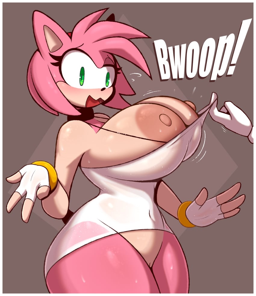 2022 amy_rose anthro areola assisted_exposure big_areola big_breasts big_nipples blush bodily_fluids breast_out breasts clothed clothing dark_nipples dress english_text eulipotyphlan female female_focus fingerless_gloves genitals gloves handwear hedgehog hi_res huge_areolae huge_breasts huge_nipples ineffective_clothing mammal navel nipple_slip nipples offscreen_character onomatopeia pussy r-mk sega short_stack shortstack skimpy skimpy_dress solo sonic_(series) sonic_the_hedgehog_(series) sweat sweaty_breasts text translucent translucent_clothing undressing undressing_another