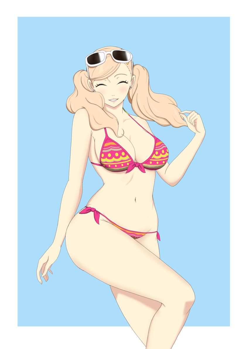 ann_takamaki big_ass big_breasts bikini blonde_female blonde_hair blue_eyes breasts cleavage cute eyewear_on_head large_breasts nahone_peko persona persona_5 smile sunglasses sunglasses_on_head swimsuit teenager thick_thighs thin_waist twintails wide_hips