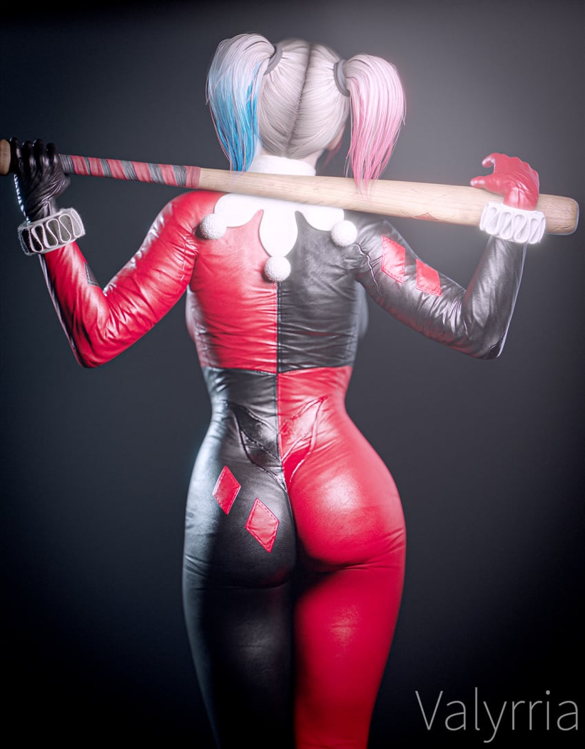 1girls 3d 3d_(artwork) ass ass_focus batman:_arkham_knight batman_(series) blender bodysuit dc dc_comics harley_quinn harley_quinn_(injustice) injustice_2 looking_away pose simple_background solo solo_female solo_focus tight_clothing valyrriansfw