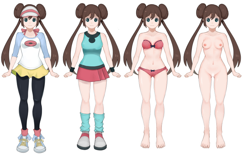 1girls barefoot blue_eyes bra breasts brown_hair censored clothing completely_nude cowboy_shot female front_view gatchan leaf_(pokemon)_(cosplay) long_hair nude nude_female pokemon pokemon_bw2 pussy rosa_(pokemon) small_breasts solo tagme twintails underwear