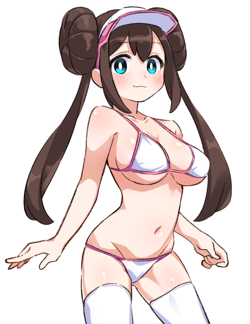 1girl 1girls belly_button bikini bikini_bottom bikini_top blue_eyes blush blush_lines blushing breasts brown_hair cameltoe hairbuns large_breasts long_hair looking_at_viewer nullgeeee owo pokemon pokemon_bw2 rosa_(pokemon) sideboob solo solo_female tagme teenager thigh_highs thighhighs twintails underboob visor_cap w_mouth white_background white_bikini white_pupils white_thigh_highs white_thighhighs young