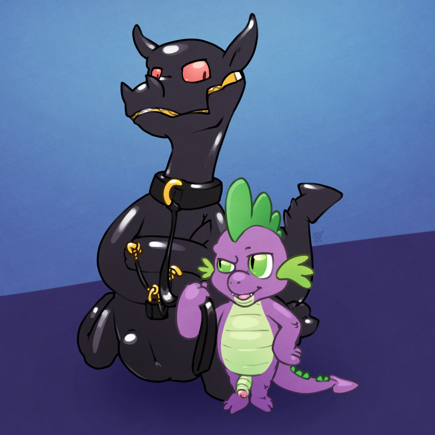 1:1 absurd_res anthro argon_vile bondage bound bulge collar digital_media_(artwork) dragon duo fizzle_(mlp) friendship_is_magic genitals gimp_suit hasbro hi_res kneeling leash_and_collar lock male male/male my_little_pony nude penis restraints rubber scalie simple_background size_difference small_dom_big_sub smooth_skin spike_(mlp) zipper