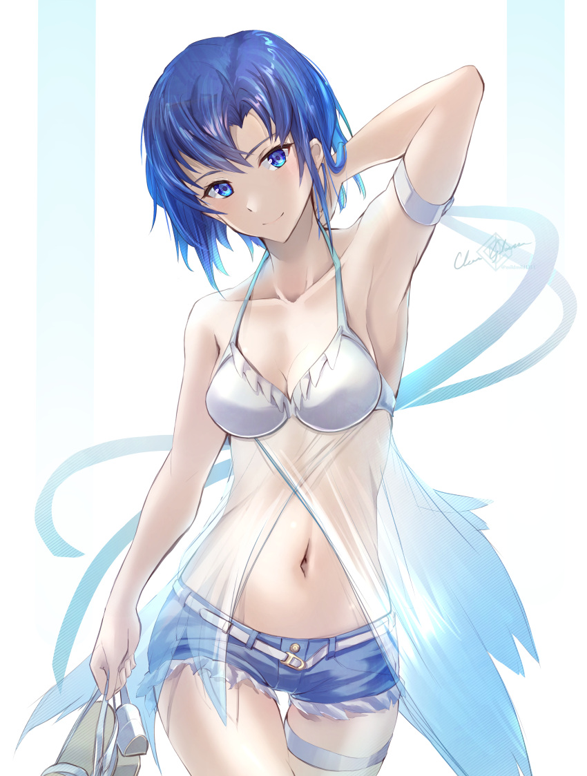 1girls absurdres alternate_costume arm_behind_head arm_up armband armpits bare_shoulders bikini blue_eyes blue_hair blue_shorts breasts catria_(fire_emblem) clear_glass_(mildmild1311) cleavage collarbone cowboy_shot cutoffs denim denim_shorts female female_only fire_emblem fire_emblem:_mystery_of_the_emblem fire_emblem:_shadow_dragon_and_the_blade_of_light high_heels highres looking_at_viewer medium_breasts midriff navel see-through short_hair short_shorts shorts signature solo swimsuit thigh_strap twitter_username white_bikini white_footwear white_swimsuit