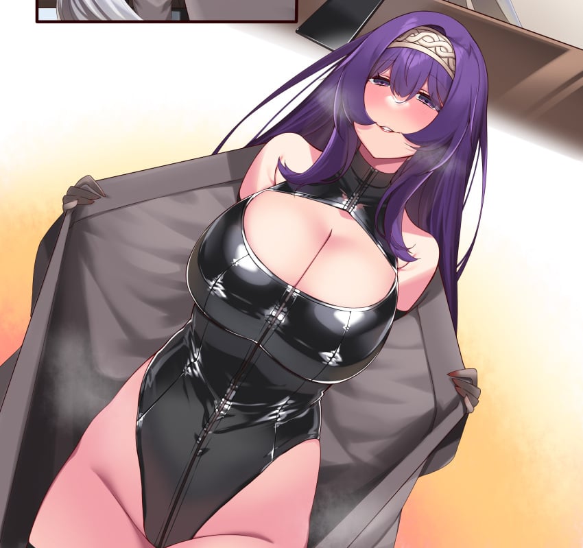 bangs blush breasts coat female gloves hie_(hiememiko) hiememiko highres large_breasts latex latex_leotard leotard long_hair open_clothes open_coat original purple_eyes purple_hair smile solo zipper