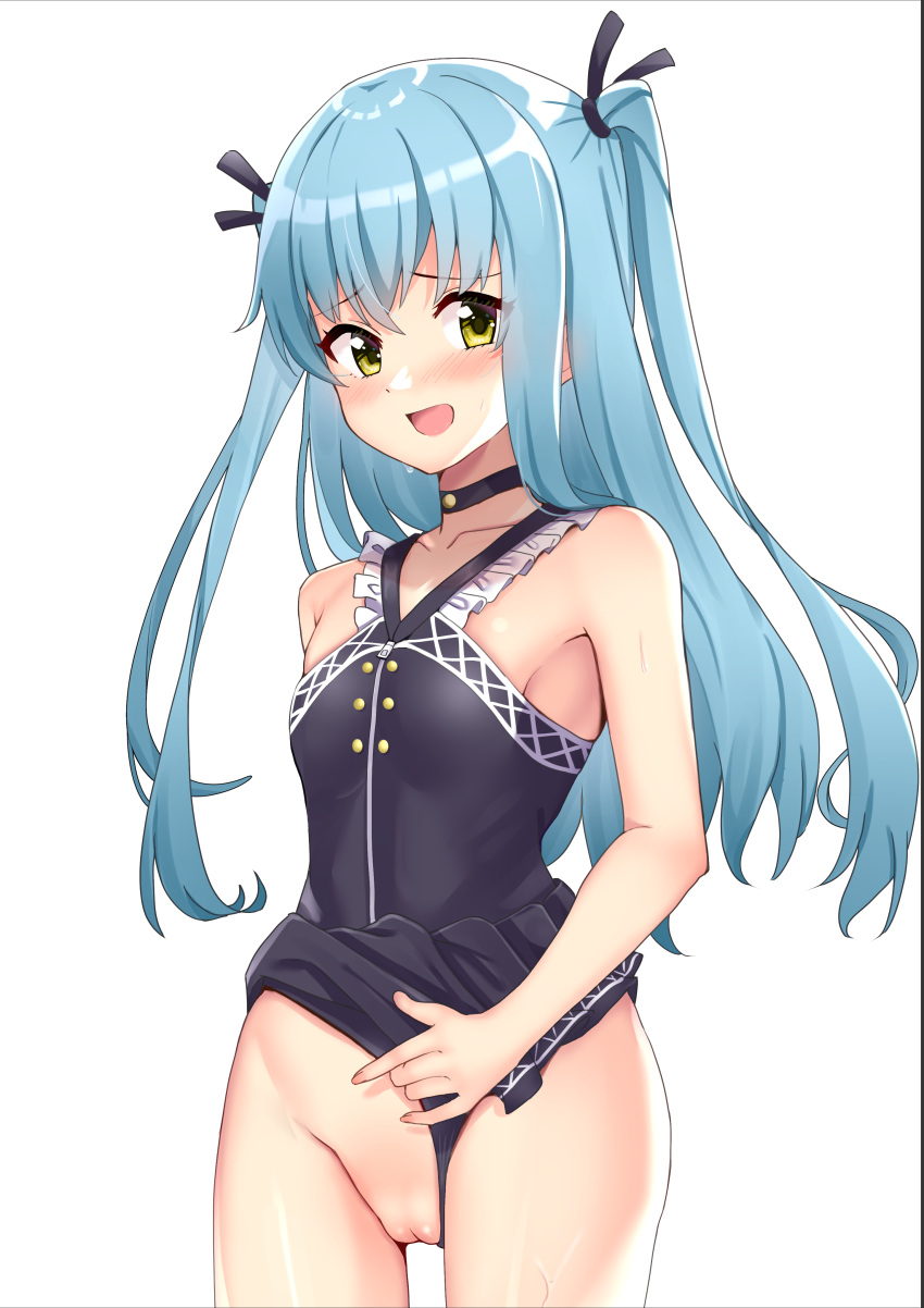 :d absurdres ao_(flowerclasse) bangs bare_arms bare_shoulders black_ribbon black_swimsuit blue_hair blush clothing_aside collarbone commission cowboy_shot eiyuu_densetsu female frilled_swimsuit frills hair_between_eyes hair_ribbon highres long_hair looking_at_viewer pussy ribbon simple_background smile solo standing swimsuit swimsuit_aside tio_plato two_side_up uncensored very_long_hair white_background yellow_eyes young zero_no_kiseki