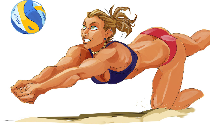 1girls adult aquiline_nose ass ball beach_volleyball biceps blonde_hair breasts choker collar ear_piercing earrings female female_only hazel_eyes hivethebastard large_breasts light-skinned_female light_skin lyren_(hivebastard) muscular_arms muscular_female muscular_legs muscular_male nose_piercing original original_character original_characters piercing playing ponytail sand simple_shading smile smiling solo solo_female solo_focus sport sports_bra sportswear teeth thick_lips thick_thighs thighs tied_up toned toned_body toned_female volleyball white_background yellow_hair