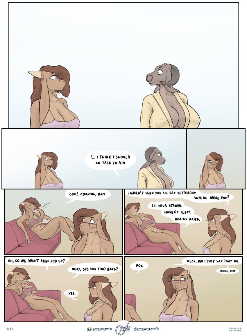 anthro bottomless bovid caprine clothed clothing comic english_text female futanari goat hi_res jakethegoat jane_(jakethegoat) kate_(jakethegoat) mammal mother mother_kate_(jakethegoat) page_3 parent sibling sister sisters