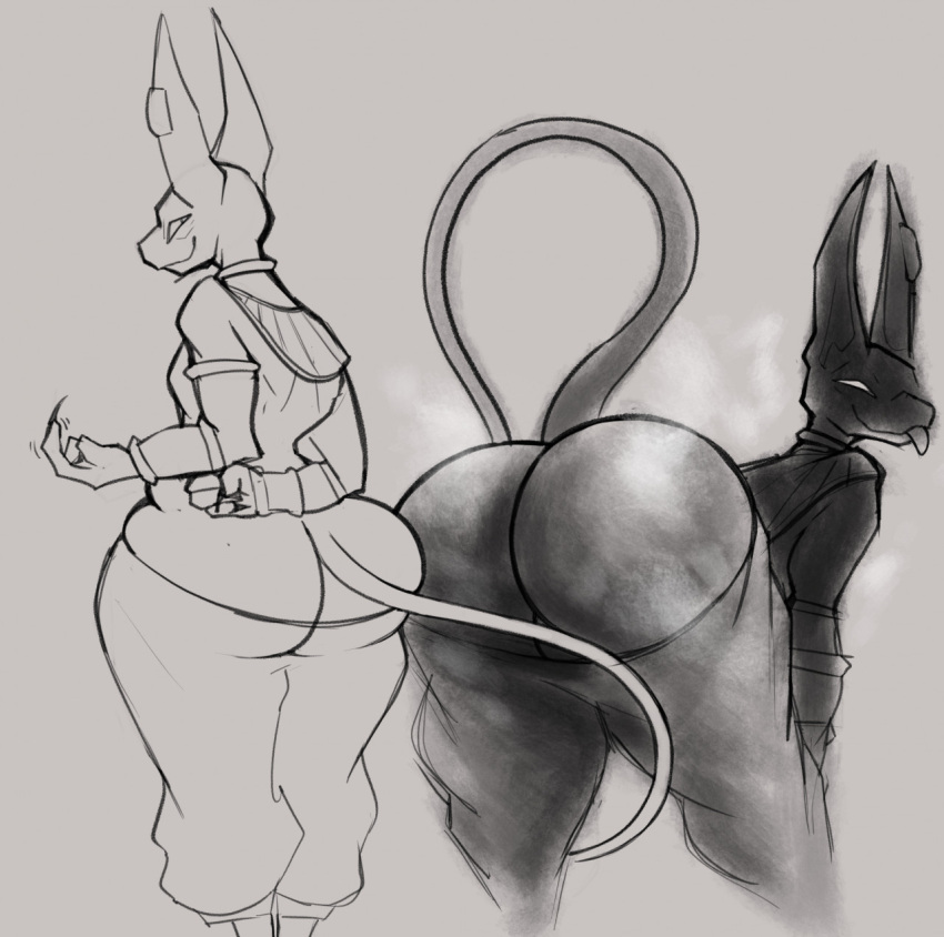 2022 anthro ass backsack balls beerus big_ass big_butt clothing digital_media_(artwork) domestic_cat dragon_ball dragon_ball_super felid feline felis genitals hairless hairless_cat hi_res looking_back male male_only mammal monochrome presenting presenting_hindquarters simple_background smokey_blokey solo sphynx_(cat) tongue