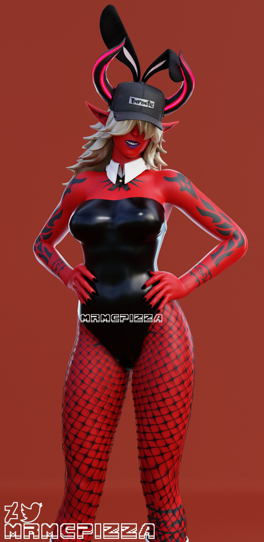 big_breasts bunny_ears bunnysuit clothed demon demon_girl desdemona_(fortnite) fishnets fortnite gehenna_(fortnite) hat horns mrmcpizza pose solo_female white_hair