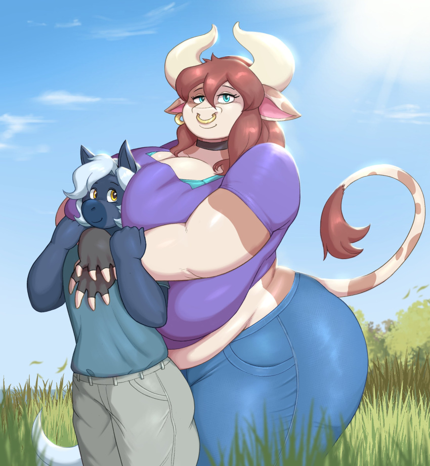 1boy 1girls anthro big_breasts bovine breasts charlotte_(fimif) cow_ears cow_horns equine female fimif horns huge_breasts hugging hugging_from_behind looking_at_viewer male smiling smiling_at_viewer tagme tail taller_girl