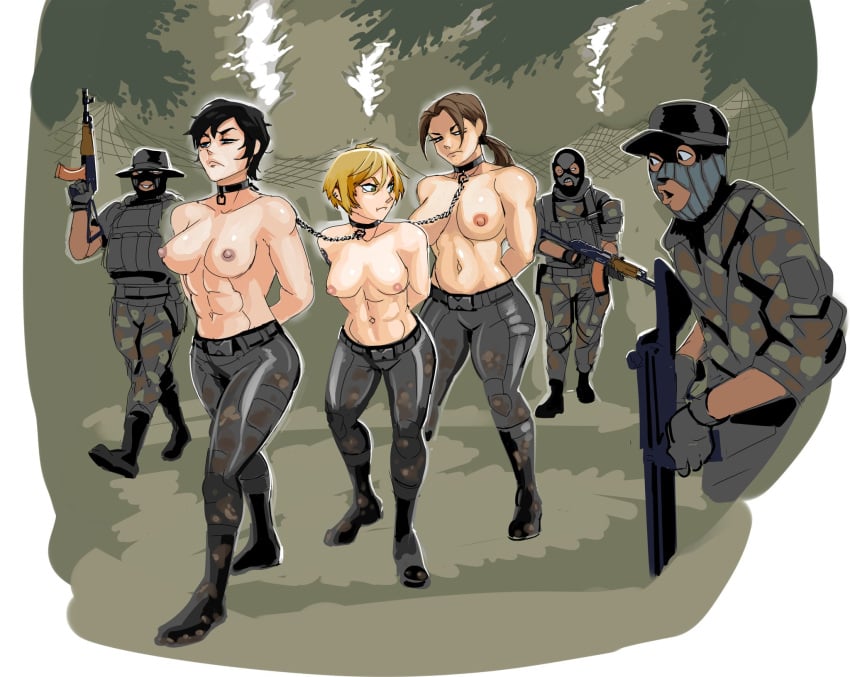 3girls abs angry areolae belly belt black_hair blonde_female blonde_hair bound_together breasts brown_eyes chained chains closed_eyes coffle femsub forest gun guns hivethebastard ichan large_breasts linked_collar looking_at_another maledom masked masked_male military military_hat military_jacket military_uniform multiple_boys multiple_girls multiple_subs muscular muscular_female muscular_sub nipples no_bra original original_character original_characters pants poggers ponytail shoes slave slave_collar slavegirl stomach tied_hair toned toned_female tongue_piercing walking weapon yellow_hair