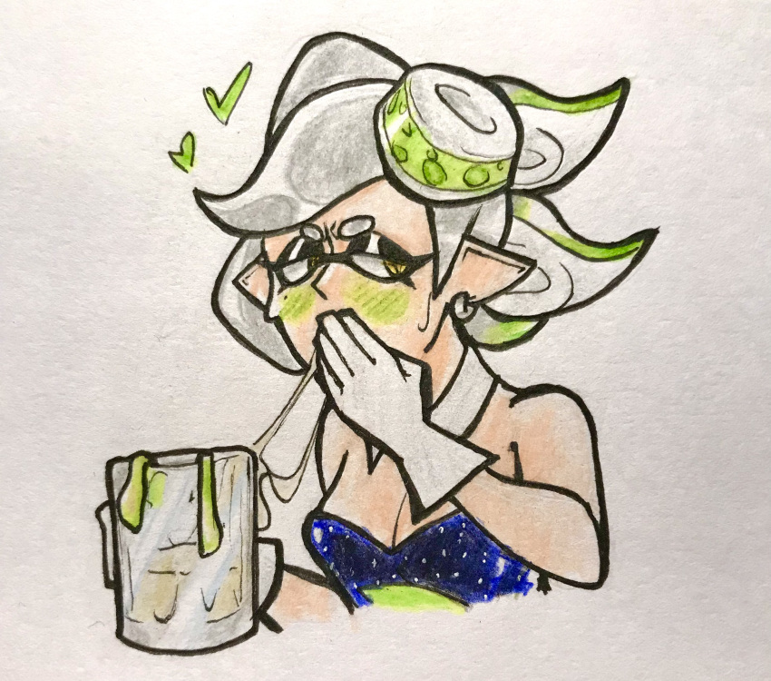 beer_mug blush clothing condom cum cum_in_container cum_in_glass drinking drinking_cum embarrassed excessive_cum fully_clothed gokkun marie_(splatoon) oh_gosh_levi splatoon used_condom