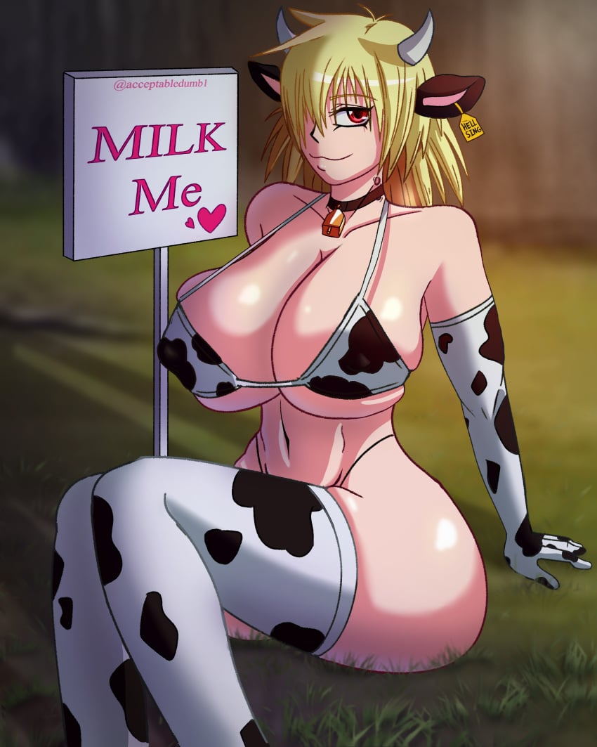 acceptabledumbass big_breasts bikini blonde_hair cleavage collar cow_ears cow_horns cow_print cowbell cowgirl_outfit fit_female grass hellsing hellsing_ultimate nipple_bulge nipples red_eyes seras_victoria smug tag thighhighs vampire year_of_the_ox