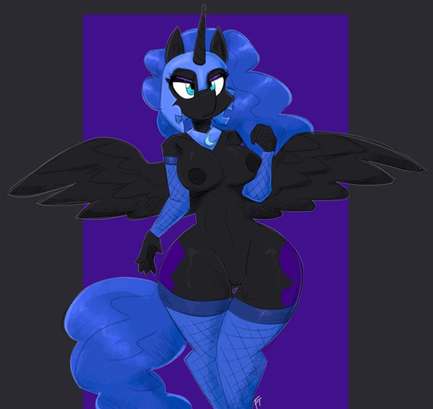 alicorn anthro anthrofied armor black_body black_feathers black_nipples blue_eyes blue_hair blue_tail breasts clothing cutie_mark equid equine eyelashes eyeshadow feathered_wings feathers female fishnet fishnet_armwear fishnet_legwear flutterthrash friendship_is_magic hair hasbro headgear helmet hi_res horn legwear makeup mammal my_little_pony nightmare_moon_(mlp) nipples princess_luna_(mlp) solo thick_thighs wide_hips wings