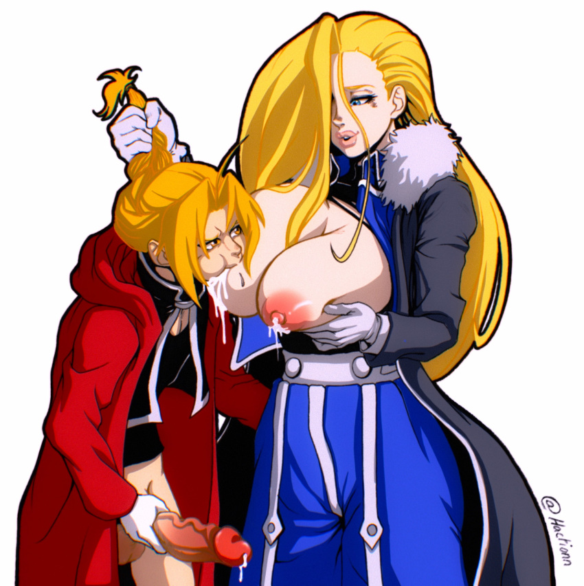 1boy 1boy1girl 1girls areolae breast_milk breast_sucking breastfeeding breastfeeding_during_sex breasts curvy_body curvy_milf edward_elric fullmetal_alchemist haction_(artist) lactating_in_mouth milf milking nipple_sucking nipples olivier_mira_armstrong sucking_huge_breast sucking_nipples young_man young_man_and_milf