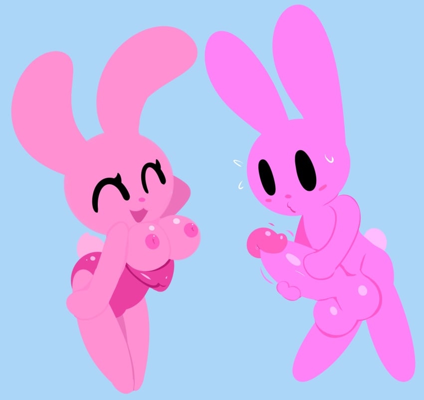 1boy 1boy1girl 1girls big_balls big_breasts boobs bunny cute female femboy glossy hyper hyper_balls hyper_breasts hyper_penis leporid male mark_m pink_skin rubber rubber_creature simple sweat sweaty tagme toony