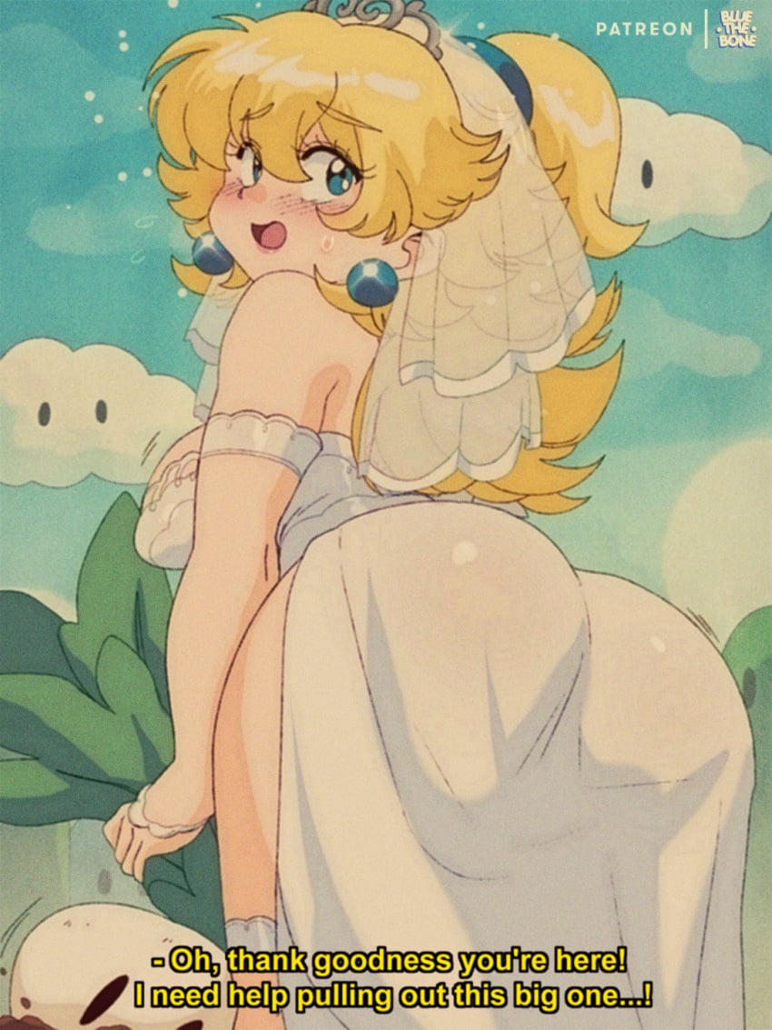 1girls asking_for_help ass bent_knees big_ass big_butt blonde_female blonde_hair blue_eyes bluethebone blush blush_lines breasts bride butt_focus clouds curvy dat_ass daytime dialogue dress earrings english_dialogue english_text headwear knees_bent legs long_hair looking_back mario_(series) nintendo open_mouth outdoors outside ponytail princess princess_peach pulling rear_view retro_artstyle solo solo_focus super_mario_bros._2 super_mario_odyssey sweat sweatdrop text thick_ass thick_thighs thighs turnip wedding_band wedding_dress wedding_peach_(super_mario_odyssey) wedding_veil