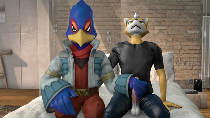 animal_humanoid anthro avian avian_humanoid canid canine clothing duo falco_lombardi fox fox_mccloud foxmccloud287 handjob hi_res humanoid male male/male mammal nintendo penile sex star_fox video_games