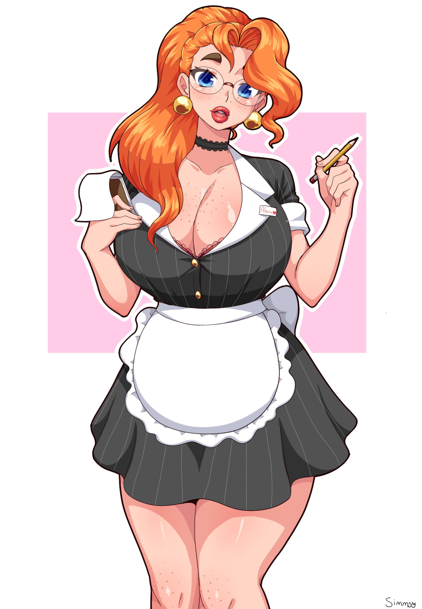 alexa_stanworth apron big_breasts blue_eyes bra_peek breasts busty choker collar curves curvy curvy_body curvy_female curvy_figure earrings freckles freckles_on_chest freckles_on_thighs ginger ginger_hair glasses hips huge_breasts large_breasts legs lips notebook notes oc orange_hair original original_character pen plump_lips round_glasses simmsy tagme thick thick_lips thick_thighs thighs tied_hair waitress waitress_apron waitress_outfit waitress_uniform