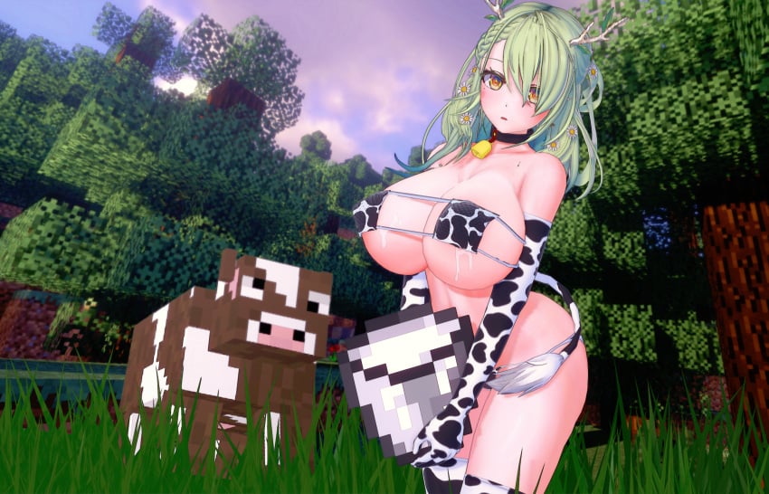 1girls arcadia beauty_mark bell_collar bikini bikini_bottom bikini_top bovine bucket ceres_fauna choker cow_(minecraft) cow_bikini cow_girl cow_print cow_tail cowbell eyepatch_bikini flower_in_hair forest green_hair hololive hololive_english hololive_english_-council- hololive_english_-promise- horns huge_breasts lactation large_breasts leaking_milk leggings long_gloves minecraft virtual_youtuber