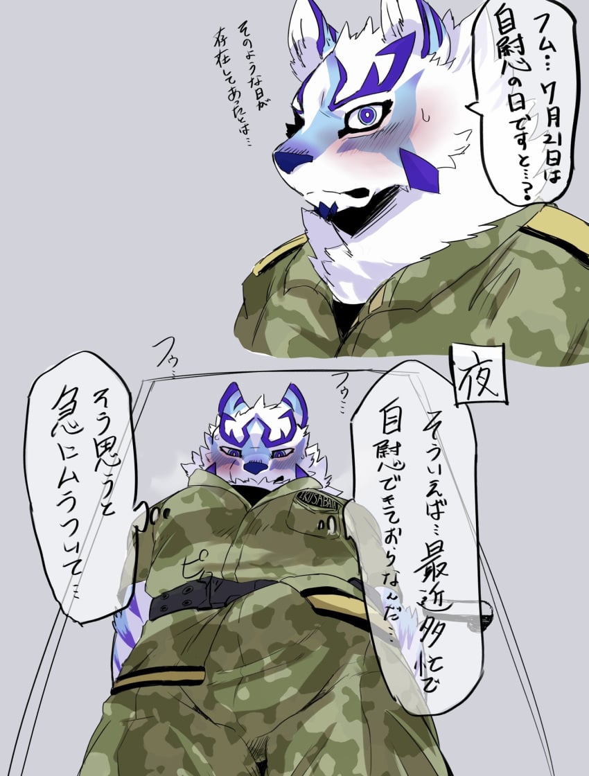 anthro blush camo camo_clothing camo_print canid canine canis clothed clothing domestic_dog embarrassed erection erection_under_clothing facial_markings head_markings hi_res japanese_text lifewonders live-a-hero low-angle_view male mammal markings military_uniform nokia1124_a pattern_clothing sadayoshi solo text uniform video_games