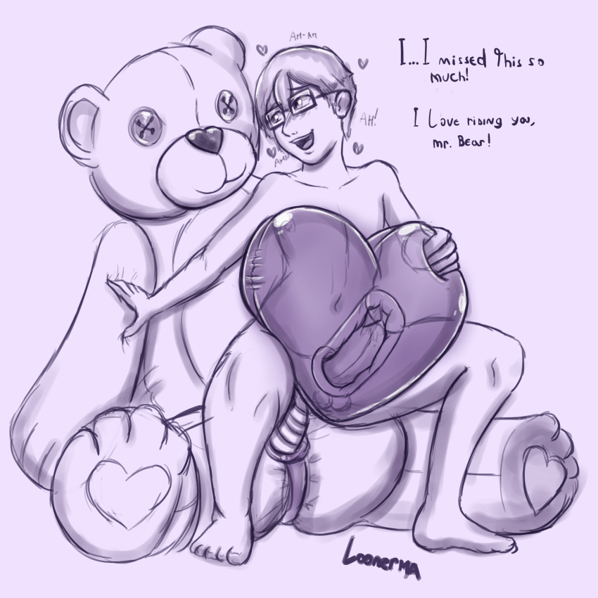 1boy anal_insertion bear cute dildo glasses heart humanoid inflatable_sex_toy loonerma male masturbation monochrome onahole plushie plushophilia riding_toy strap-on strapon teddy_bear