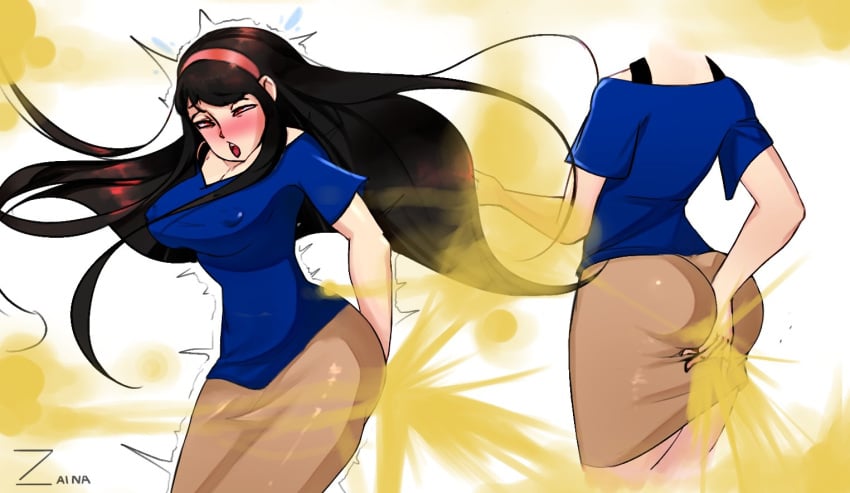 1girls ass black_hair blush fart fart_cloud fart_fetish farting grabbing_own_ass hairband looking_pleasured nipples_visible_through_clothing open_mouth red_eyes solo_female tower_of_god yeon_yihwa zaina_art99