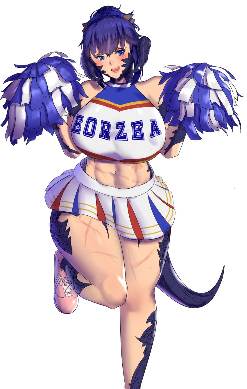 1girls abs au_ra belly big_breasts big_thighs blue_eyes blue_hair blush cheerleader cheerleader_outfit cheerleader_uniform detective_nanama finai_fantasy final_fantasy final_fantasy_xiv horns milf mother nanama_kha pom_pom_(cheerleading) pom_poms ponytail scales scars shoes skirt smile solo solo_female solo_focus square_enix tail wide_hips xaela