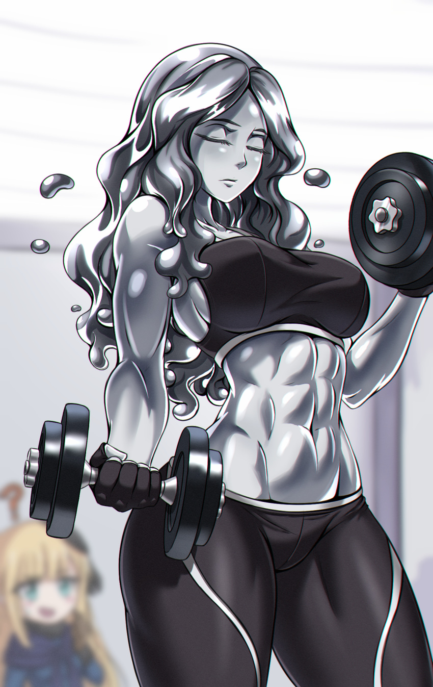 2girls abs blush dumbbell eyes_closed fate_(series) fit_female gloves gym_clothes lifting_weights lord_el-melloi_ii_case_files metal metal_body metal_breasts metal_girl metal_hair metal_hand metal_head metal_skin metallic metallic_body metallic_hair metallic_skin muscular muscular_arms muscular_female question_mark reines_el-melloi_archisorte silver_hair six_pack sports_bra sweat_pants tagme trimmau working_out workout_clothes zantyarz