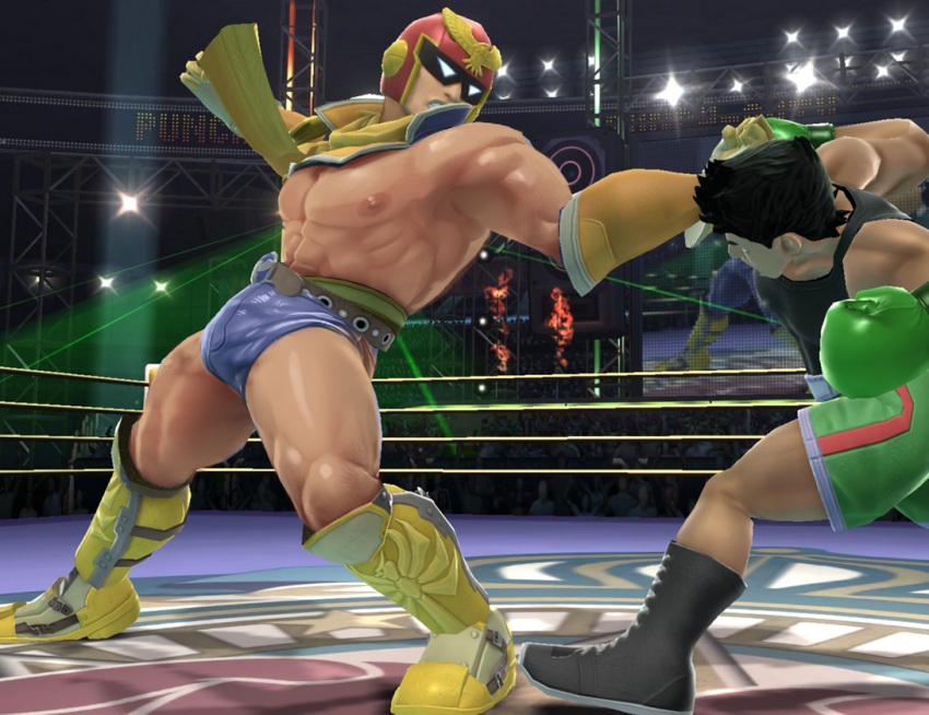 2boys 3d abs audience belt black_hair boner boxing_gloves boxing_ring bulge captain_falcon crossover edit edited editfag erect_nipples erection erection_under_clothes f-zero game_screenshot helmet laser_beam lasers leaning_back little_mac male male_only mod muscular_male nipples pecs penis_bulge punch_out punching screencap screenshot screenshot_edit shorts super_smash_bros. tank_top thick_thighs uncut unknown_artist