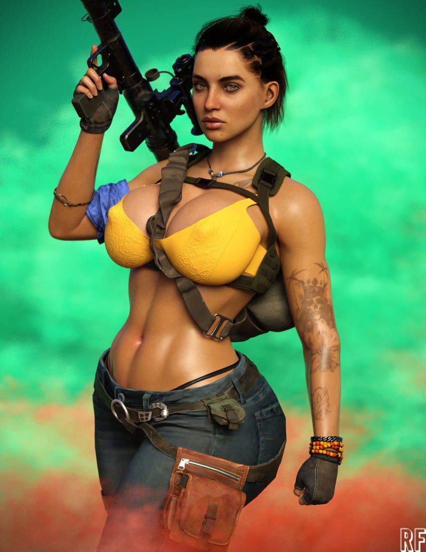 1girls 3d abs absurd_res big_ass big_breasts breasts brown_hair cleavage curvaceous curvy dani_rojas dani_rojas_(female) dark-skinned_female dark_skin far_cry far_cry_6 female female_only green_eyes hi_res huge_ass huge_breasts large_ass large_breasts looking_at_viewer muscular muscular_female rude_frog solo solo_female standing tan-skinned_female tan_skin thick_thighs thighs thong toned_female tongue visible_underwear weapon whale_tail wide_hips