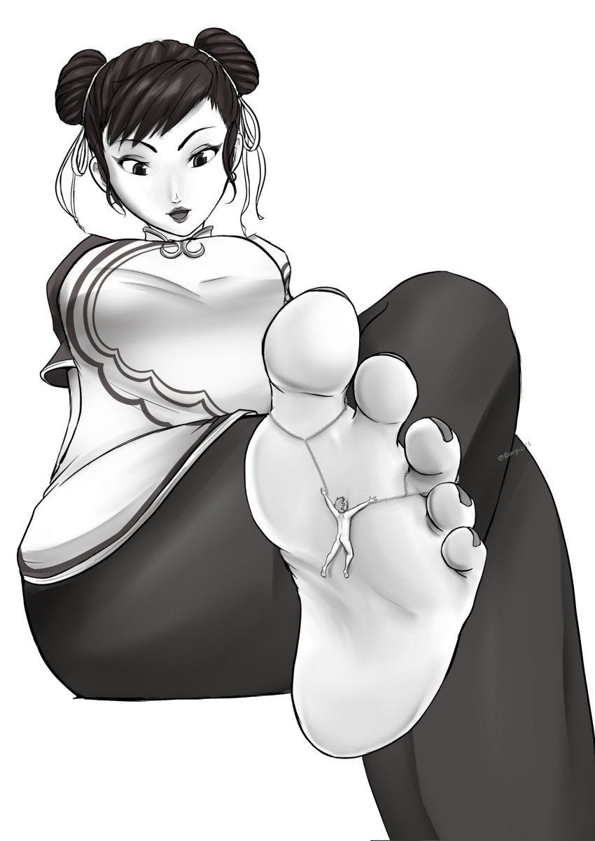 1girls chun-li defeated feet female foot_fetish foot_focus fully_clothed giantess larger_female larger_female_smaller_male male sitting smaller_male soles street_fighter street_fighter_6 stuck_to_foot tied_to_foot tied_up toes