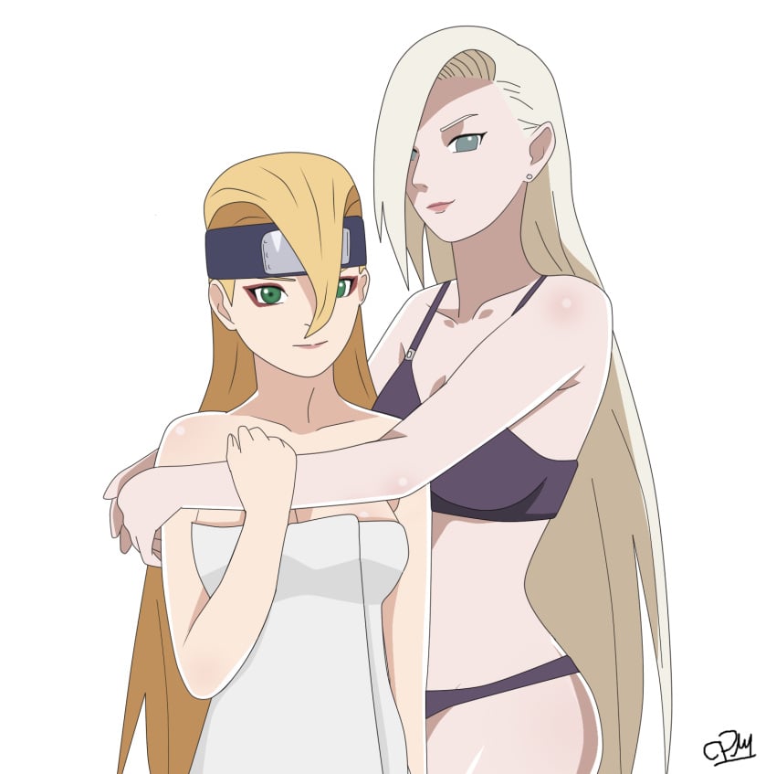 2girls blonde_female blonde_hair blue_eyes boruto:_naruto_next_generations bra breasts female female_only hug ino_yamanaka lipstick long_hair looking_at_viewer multiple_females multiple_girls naked_towel naruto naruto:_the_last naruto_(series) naruto_shippuden nipples panties smile towel towel_only underwear yodo