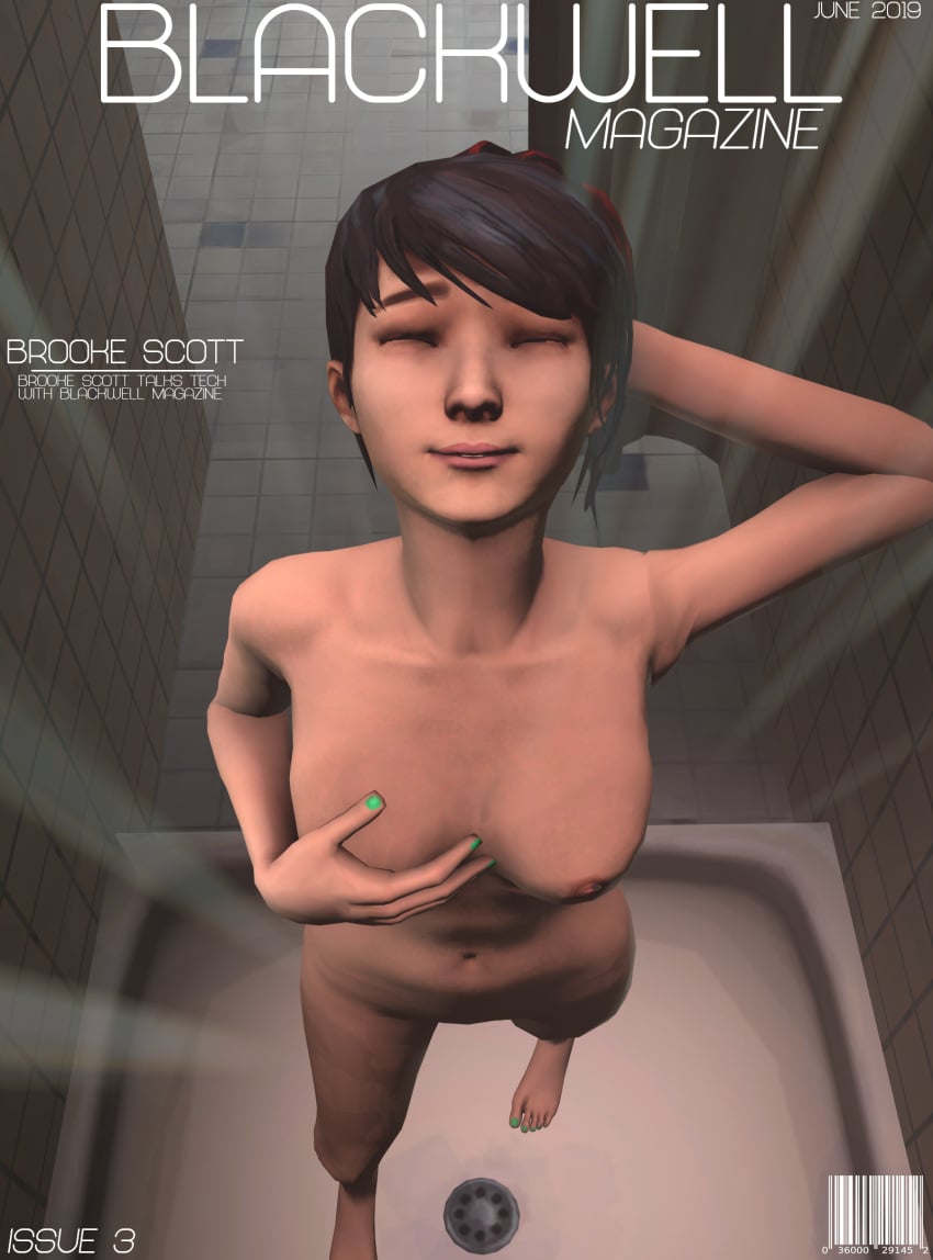 1girls 3d aelarynsfm asian bathroom black_hair breasts brooke_scott closed_eyes english_text feet fingernails green_nails life_is_strange magazine magazine_cover nail_polish nipples shower toenail_polish toenails