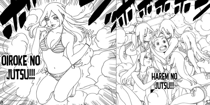 1boy 5girls bare_legs belly bikini boruko boruto:_naruto_next_generations breasts clavicle cleavage clothing comic comic_page genderswap_(mtf) legs long_hair madoka_tento manga monochrome naruto naruto_(series) navel official_art open_mouth prank rule_63 seducing sexy_no_jutsu shadow_clone_jutsu surprised surrounded swimsuit uzumaki_boruto