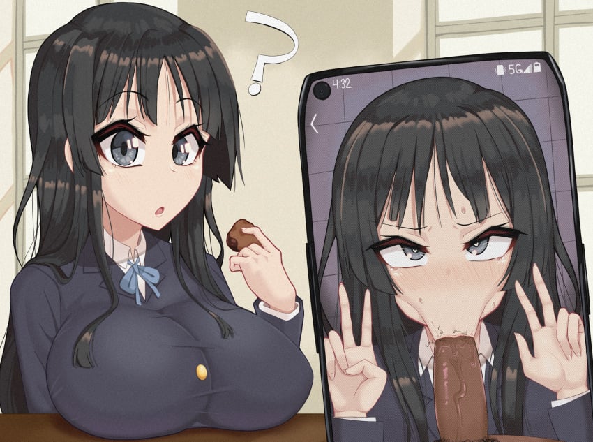 1boy 1girls :>= ? big_breasts black_hair blowjob breasts cellphone_picture dark-skinned_male dark_skin double_v fellatio female heart heart-shaped_pupils huge_breasts juxtaposition k-on! male mio_akiyama_(k-on!) oral peace_sign penis phone photo_comparison photographic_proof school_uniform schoolgirl stray_pubic_hair v vacuum_fellatio young_savage